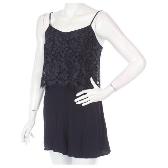 Sandro Paris Navy Blue Viscose  Lace Overlay Sleeveless Romper adjustable straps - Picture 2 of 16